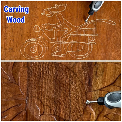 Front view: chalk motorcycle carving on wood; close-up shows wood grain and 1/8 in carbide burr in rotary tool.
