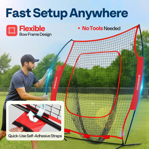 Backyard Baseball And Softball Batting Net 7x7 Ft Backstop For Hitting Pitching And Throwing With Batting Tee And Carry Bag