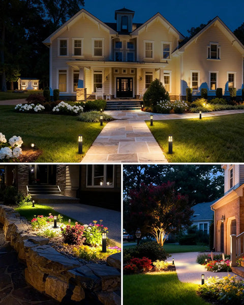 Low Voltage Landscape Lighting Kit With Eight Path Lights And Four Spotlights For Garden, Path, Yard And Patio featured at night