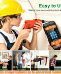 Dead On 4 In 1 Stud Finder Wall Scanner With Laser Range Finder in use, measuring distance and scanning for studs.