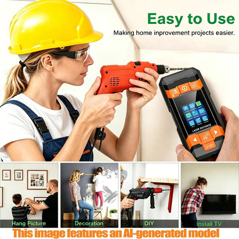 Dead On 4 In 1 Stud Finder Wall Scanner With Laser Range Finder in use, measuring distance and scanning for studs.
