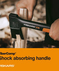 X7 Small 14 Inch Hatchet Axe With Sheath chopping wood, showcasing shock absorbing handle.