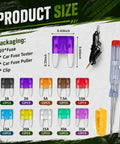 Heavy Duty Auto Blade Fuse Assortment Kit With Reliable Voltage Tester And Slip Proof Removal Pliers size chart with fuses and tools.