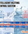 Tsinglax 30ft heated RV water hose with intelligent heating control; blue cold and red hot indicators, Tsinglax logo.