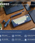 Absolute Beast 60 Percent Mechanical Gaming Keyboard With Gasket Mount And Rgb Backlighting Volume Knob Pbt Keycaps Mda Profile Qmk Via Hot Swappable Layout For Late Night Grinding And Vibing Blue Edition on a wooden desk with a laptop.