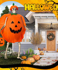 12 Ft Skeleton Costume Accessories Set With Pumpkin Hat Pumpkin Shaped Clothes And Handheld Fabric Basket in front of house