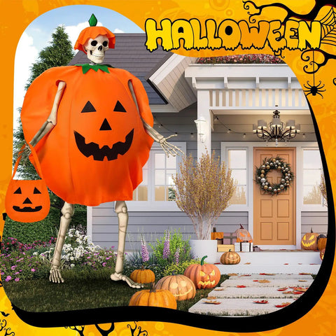 12 Ft Skeleton Costume Accessories Set With Pumpkin Hat Pumpkin Shaped Clothes And Handheld Fabric Basket in front of house
