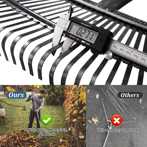 Close-up of Heavy Duty Garden Rake With 11 Metal Tines And Adjustable 36 To 78 Inch Handle Eight Point Five Inch Wide Head comparing tine thickness with caliper.
