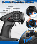 Close-up of 2.4GHz remote and RC car for All Terrain 1:18 RC Car With LED Lights 2WD Remote Control Truck Tops Out At 20 KMH