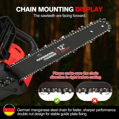 12 Inch Brushless Cordless Chainsaw Tool Only, 1000W Copper Motor, chain mounting display, 18V Compatible, in forest