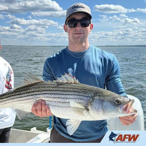 Angler holding a large striped bass on a boat with AFW logo in corner, with lake and sky in background.