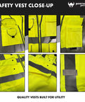Built Tough Class Two High Visibility Construction Vest With Nine Roomy Cargo Pockets And Heavy Duty Zipper Front For All Day Job Site Comfort In Bold Safety Yellow close-up of pockets and zipper.