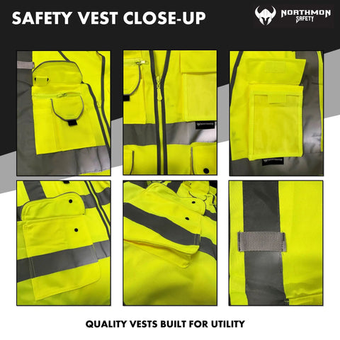 Built Tough Class Two High Visibility Construction Vest With Nine Roomy Cargo Pockets And Heavy Duty Zipper Front For All Day Job Site Comfort In Bold Safety Yellow close-up of pockets and zipper.
