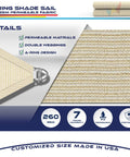 Beige 24 By 24 By 24 Sun Shade Sail With A Ring Wire Rope Triangle For Deck Backyard And Patio Outdoor Shade Cover Breathable 260 GSM High Density Polyethylene Fabric Blocks UV Rays, fabric texture and A-ring detail.