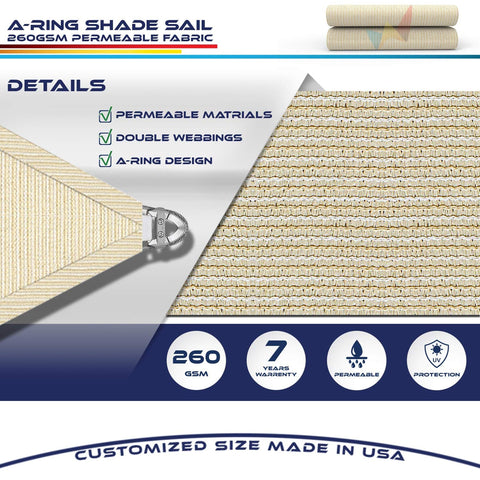 Beige 24 By 24 By 24 Sun Shade Sail With A Ring Wire Rope Triangle For Deck Backyard And Patio Outdoor Shade Cover Breathable 260 GSM High Density Polyethylene Fabric Blocks UV Rays, fabric texture and A-ring detail.