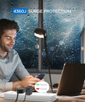Man using phone beside 12-Outlet Surge Protector Power Strip With 4 USB Ports, 6-Foot Cord, Wall Mountable Overload Protection, 1875W/15A, 4360Joules, USB Fast Charging Up To 12W Per Port, Ideal For Home And Office during storm.