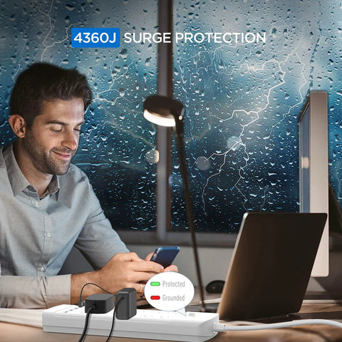Man using phone beside 12-Outlet Surge Protector Power Strip With 4 USB Ports, 6-Foot Cord, Wall Mountable Overload Protection, 1875W/15A, 4360Joules, USB Fast Charging Up To 12W Per Port, Ideal For Home And Office during storm.