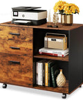 Three Drawer Mobile File Cabinet With Open Shelves, Wood Lateral Filing Cabinet And Printer Stand For Home Office, Rustic Brown Finish