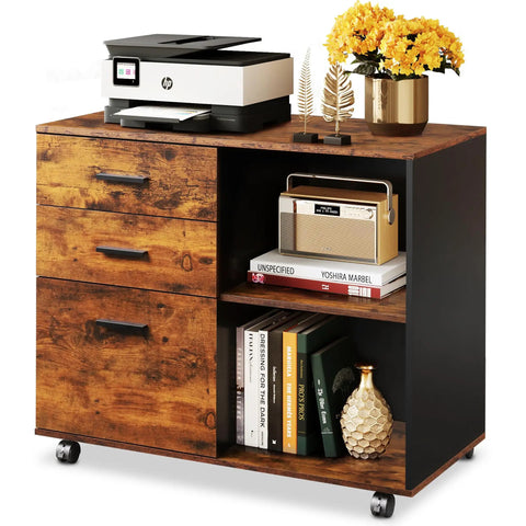 Three Drawer Mobile File Cabinet With Open Shelves, Wood Lateral Filing Cabinet And Printer Stand For Home Office, Rustic Brown Finish