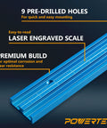 36 Inch Universal T Track With Double Cut Profile And Pre Drilled Mount Points For Zero Fuss Setup On Workbenches Table Saws And Drill Presses Featuring Rock Tight Grip And Laser Etched Measurements showing 9 pre-drilled holes and laser engraved scale.