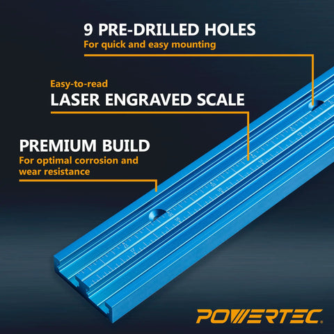 36 Inch Universal T Track With Double Cut Profile And Pre Drilled Mount Points For Zero Fuss Setup On Workbenches Table Saws And Drill Presses Featuring Rock Tight Grip And Laser Etched Measurements showing 9 pre-drilled holes and laser engraved scale.