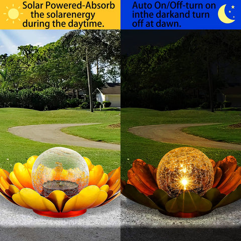 Solar Lotus Flower Light Outdoor Decor for Garden Backyard Waterproof Metal Yard Ornament showing day and night modes