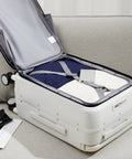 Open 20 Inch Carry On Luggage With Front Pocket and Front Opening Design Aluminum Hardside Spinner Wheels TSA Lock White Case