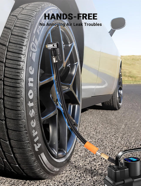 LUMITECO tire inflator hose adapter with 360-degree swivel chuck, black 11-inch hose and orange connector