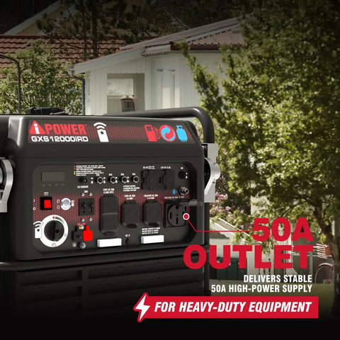 Close-up of Dual Fuel Portable Inverter Generator With Remote Start For Home Backup Power showing multiple outlets and control panel.