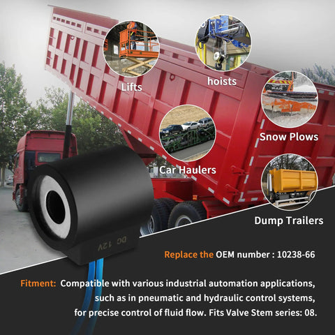 12V 16W Solenoid Valve Coil For Hydraulic Power Unit Lift Dump, One Half Inch Hole, Dual Wire Leads, Heavy Duty Industrial Grade