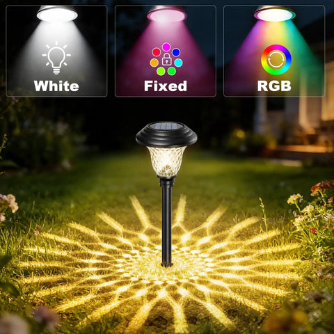 Eight Pack Solar Pathway Lights With Color Changing Multicolor Glass Stainless Steel outdoor lighting showing light modes on lawn