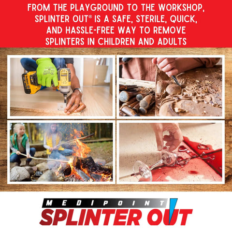Collage with playground, woodworking, campfire, and glass shard scenes, Splinter Out Splinter Remover product text overlay.