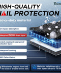Illustration of All Weather Hail Protector Car Cover layers with impact absorption and waterproof EVA padding visible