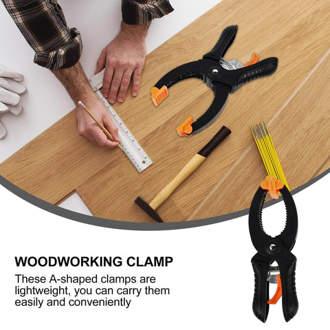 A-Type Quick Release Ratchet Spring Clamps 2-Pack for Woodworking and Photography; shown on a wooden surface with tools