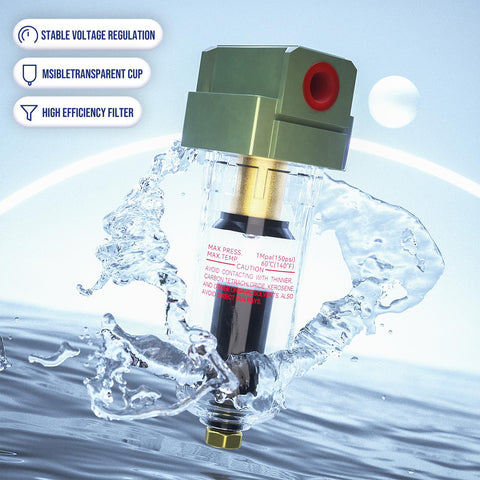 Auto Drain Air Line Filter Inline Pneumatic Water Trap For Air Compressor Systems with water splash effect