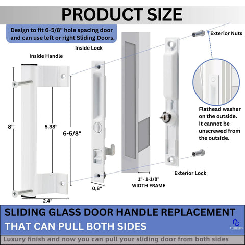 Sliding Glass Door Handle Set With Lock In White Aluminum Finish, Fits Six And Five Eighths Inch Hole Spacing, Includes Mounting Hardware