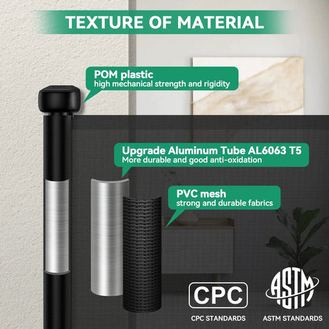 Materials of Retractable Baby Gate For Stairs And Doorways, 33 Inch Tall, showing POM plastic, aluminum tube, PVC mesh