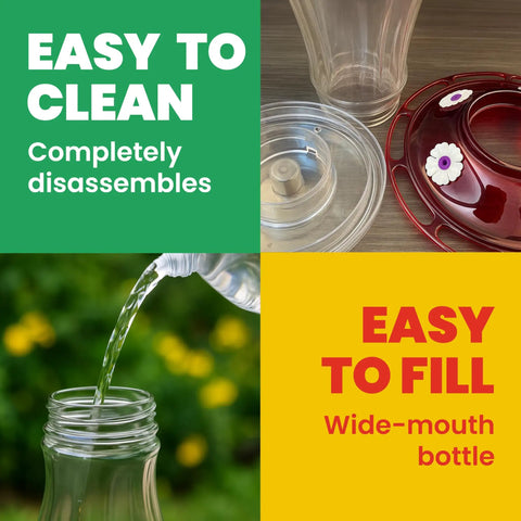 Bird Health Plus Big Gulp Hummingbird Feeder With Five Flower Shaped Ports, showing glass bottle disassembly and filling process