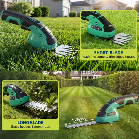 Cordless Hedge Trimmer For Small Gardens, 2 In 1 Grass Shears, Rechargeable 7.2V Lithium Battery With USB-C Quick Charge shown in garden