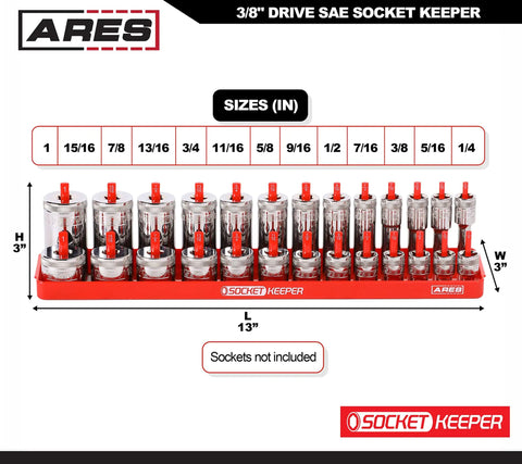 Two-Piece 3/8-Inch Drive Socket Keeper Organizer Tray Set For Metric And SAE Sockets Holds 56 Standard And Deep Sockets In Red Peg Design