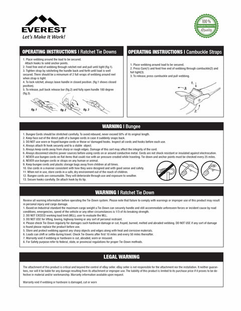 Instruction manual for Heavy Duty 2 Inch Ratchet Tie Down Straps with safety warnings and usage guidelines.