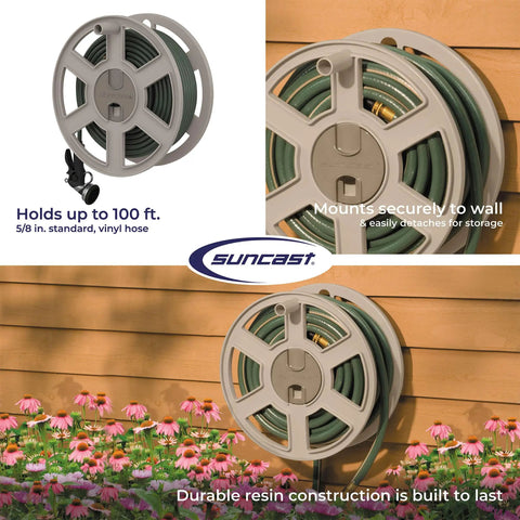 100 Ft Garden Hose Holder Wall Mount With Manual Retractable Sidewinder Hose Reel For Outdoor Use Heavy Duty Space Saving Taupe Resin