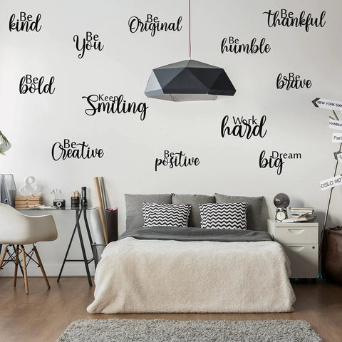Bedroom with 12 Piece Inspirational Wall Decals Set With Peel And Stick Vinyl Quotes Removable Motivational Sayings For Office Nursery Classroom Dorm Teens Black Matte Finish