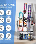 Freestanding Heavy Duty Ski And Snowboard Rack For Garage Storage Holds Four Full Sets Of Gear displaying skis and snowboards.