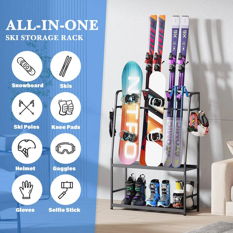 Freestanding Heavy Duty Ski And Snowboard Rack For Garage Storage Holds Four Full Sets Of Gear displaying skis and snowboards.