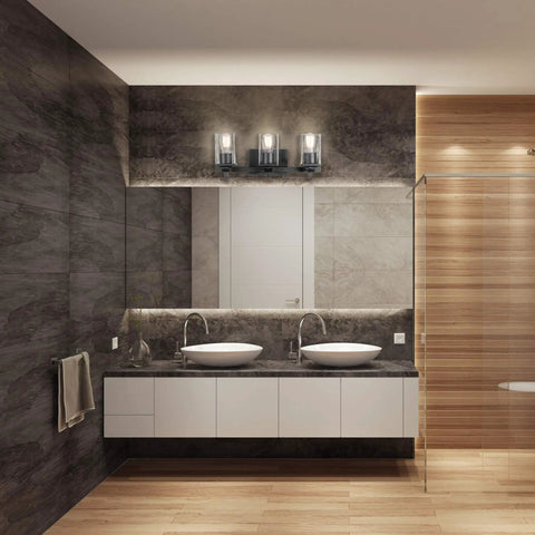 Bathroom showcasing Dakota 5 Piece All In One Bathroom Set Includes Three Light Vanity Fixture With Seeded Glass Shades in matte black.