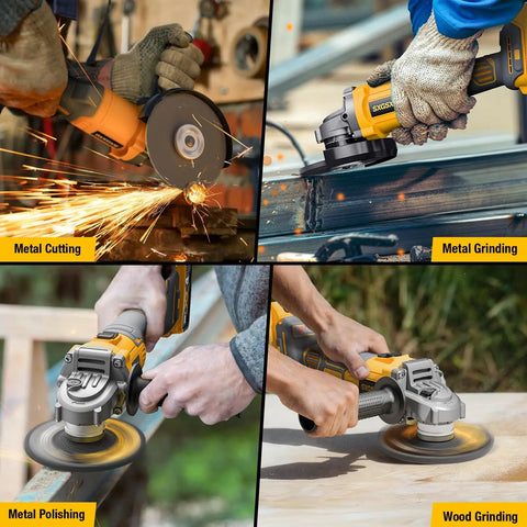 Beast Mode Brushless Cordless Angle Grinder 4.5 Inch For 20V Max Batteries Variable Speed Power Tool in action grinding metal and wood