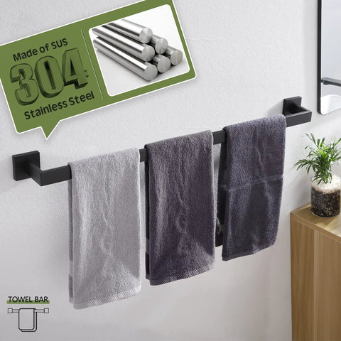 36 Inch Single Towel Bar Wall Mounted Matte Black Finish Made From SUS 304 Stainless Steel Durable Bathroom And Kitchen Towel Rack With Quick Install Brackets And Rustproof Corrosion Resistant Design holding towels