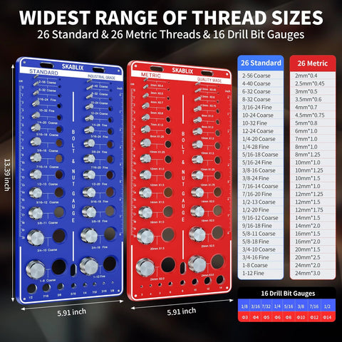 Bolt and nut thread gauge set with blue standard and red metric panels; 26 standard, 26 metric threads, 16 drill-bit gauges.