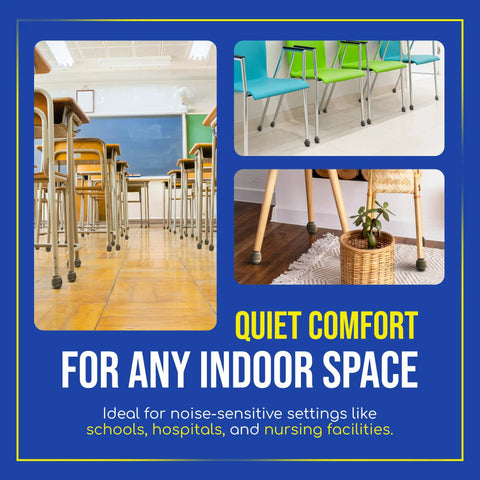 Heavy Duty Floor Guards And Silent Glide Pads That Shield Hardwood Surfaces From Stubborn Scuffs While Rolling Out Breezy Mobility For Walkers Chairs Tables And Desks In A No Drama 100 Count Black Bundle shown in classrooms, offices, and homes.